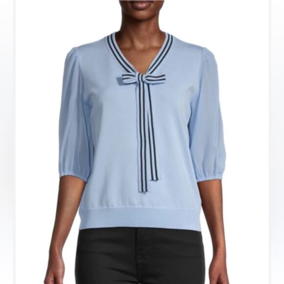 NANETTE LEPORE TIE NECK SWEATER SHEER PUFF SLEEVES LIGHT BLUE SMALL - Picture 1 of 9